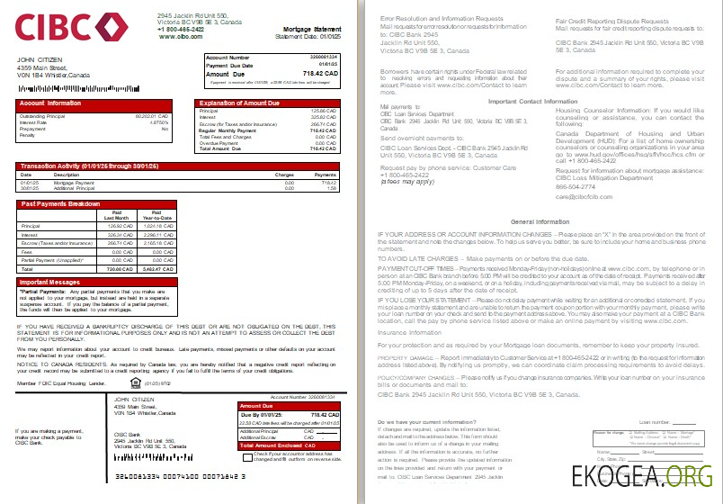 Relevé hypothécaire de la Banque CIBC du Canada, 2 pages, 1 , 2 scr
